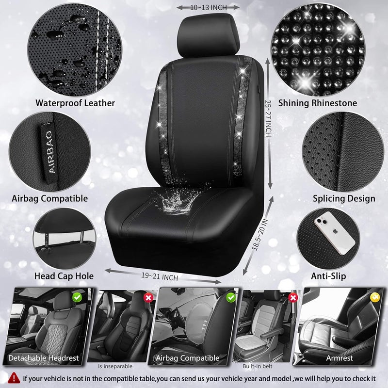 CAR PASS Leather Bling Diamond Car Seat Covers Full Set, Shining Rhinestone Waterproof Durable Rear with Zipper, Universal Fit Automotive Glitter Crystal Sparkle Strip for Cute Women Girly Black - Image 3